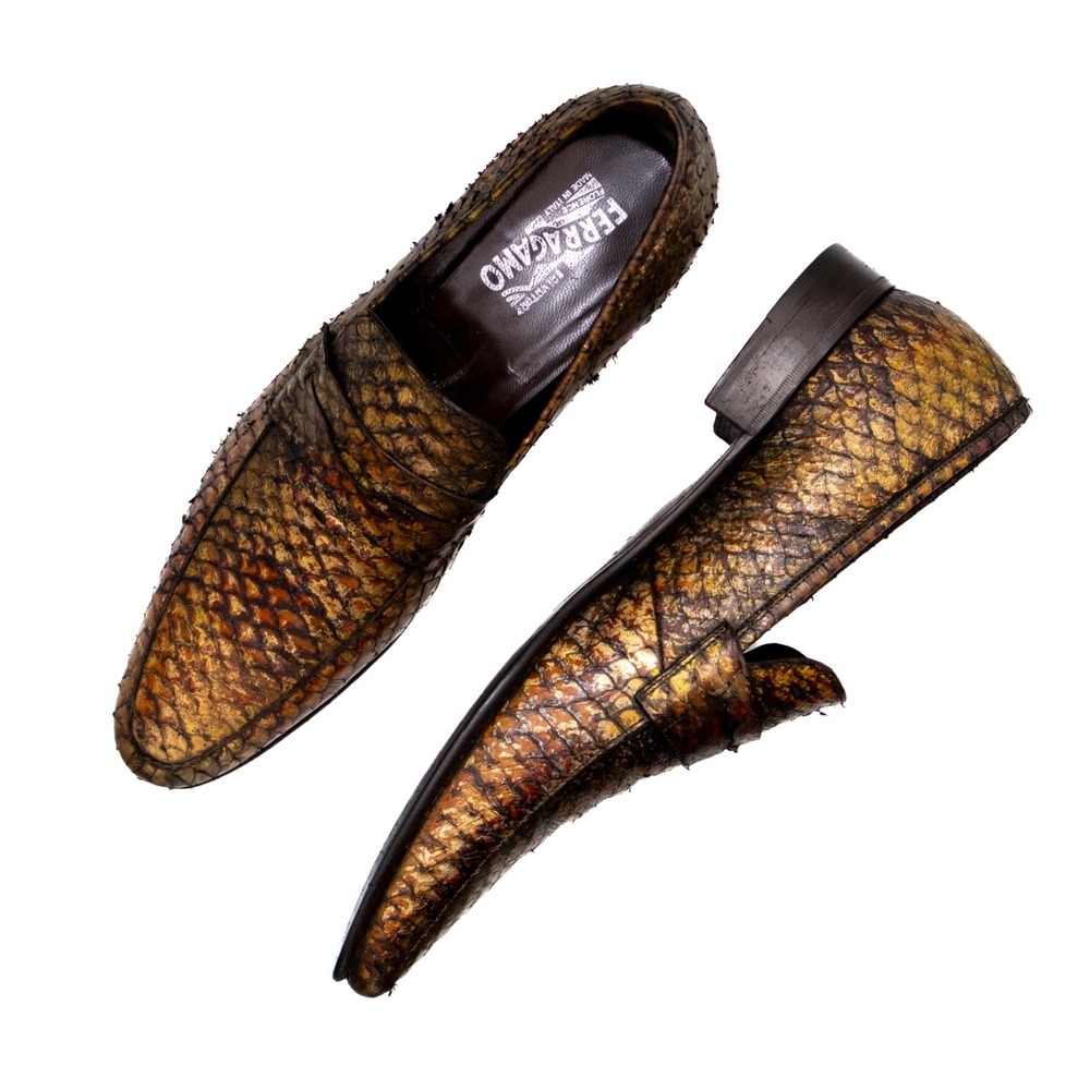 $2,650‎ Salvatore Ferragamo Python Snakeskin Loafers Gold Exotic Leather US/12